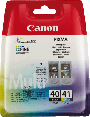 Canon Tintenpatro CL41+PG40 0615B043 VE2 1x 155, 1x 195 Blatt je 1x schwarz, 3-farbig (cyan, magenta, gelb) PIXMA iP1600, iP1700, iP2200, iP1200, iP1300, MP150, MP160, MP170, MP180, MP460