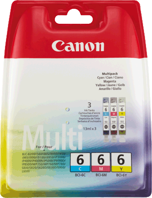 Canon Tintenpatronen BCI6E 4706A029 VE3 3x 280 Blatt je 1x cyan, magenta, gelb BJC 8200, i860, i900D, i9100, i950, i960, i9900, PIXMA iP4000, iP4000R, iP5000, iP6000D, iP8500, MP750, 760, 780, S800,