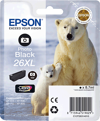 EPSON Tintenpatrone/T26314010 schwarz foto Inhalt 9ml 400 Blatt 26XL Expression Premium XP-520, XP-600, XP-620, XP-625, XP-700, XP-720, XP-800, XP-820