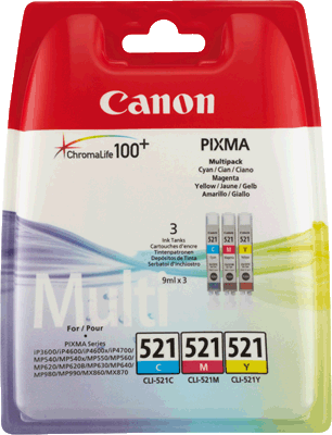 Canon Multipack CLI521 2934B011 VE3 500 Blatt je 1x cyan, magenta, gelb iP3600, iP4600, iP4700, MP540, MP550, MP560, MP620, MP630, MP640, MP980, MP990, MX860, MX870