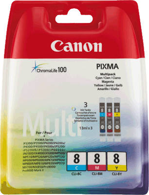 Canon Tintenpatrone CLI8CMY 0621B029 VE3 3x 490 Blatt je 1x cyan, magenta, gelb PIXMA iP3300, iP3500, iP4200, iP4200x, iP4300, iP4500, iP4500x, iP5200, iP5200R, iP5300, iP6600D, iP 6600DR, iP6700D,