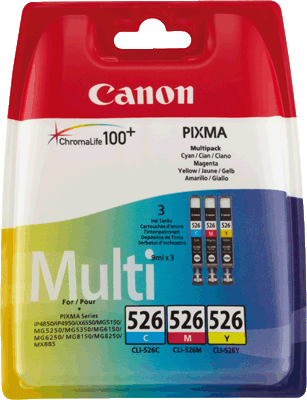 Canon Tintenpatrone CLI526 4541B009 VE3 3x 520 Blatt je 1x cyan, magenta, gelb PIXMA iP4850, iP4950, iX6550, MG5150, MG5250, MG5350, MG6150, MG6250, MG8150, MG8250, MX715, MX885, MX895