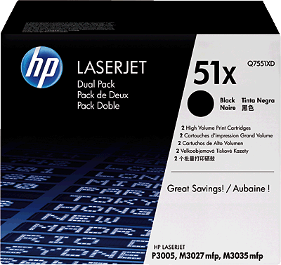 hp Lasertoner/Q7551XD/Q7551XD schwarz 2x 13.000 Blatt 51XD LaserJet M3027, M3035mfp, P3005