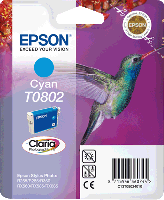 Epson Tintenpatrone T08024011 T0802 cyan cyan Stylus Photo P50, PX650, PX660, PX700W, PX710W, PX720WD, PX730WD, PX810FW, PX820FWD, PX830FWD, R265, R285, R360, RX560, RX585, RX685