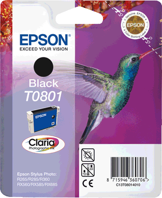 Epson Tintenpatrone T08014011 T0801 sw schwarz Stylus Photo P50, PX650, PX660, PX700W, PX710W, PX720WD, PX730WD, PX810FW, PX820FWD, PX830FWD, R265, R285, R360, RX560, RX585, RX685