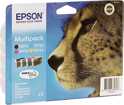 EPSON Tintenpatrone/T07154010 1x 7ml 3x 6ml k.A. Blatt T0715 Stylus D120, D78, D92, DX4000, DX4050, DX4400, DX4450, DX5000, DX6000, DX6050, DX7000F, DX7400, DX7450, DX8400, DX8450, DX9400F, S20, S21,