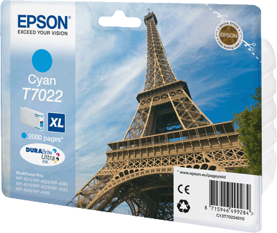 Epson Tintenpatrone T70224010 T7022 cyan 2.000 Blatt cyan WorkForce Pro WP-4015 DN, WP-4025 DW, WP-4095 DN, WP-4515 DN, WP-4525 DNF, WP-4535 DWF, WP-4545 DTWF, WP-4595 DNF