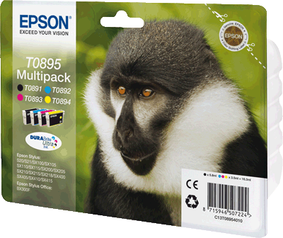 Epson Tintenpatrone T08954010 T0895 VE4 je 1x schwarz, cyan, magenta, gelb Stylus S20, S21, SX218, SX100, SX105, SX110, SX115, SX200, SX205, SX210, SX215, SX400, SX405, SX400, SX405WiFi, SX410, SX41