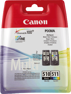 Canon Tinte CL511+PG510 2970B010 VE2 1x 244, 1x 200 Blatt je 1x schwarz, 3-farbig (cyan, magenta, gelb) PIXMA iP2700, iP2702, MP230, MP240, MP250, MP252, MP260, MP270, MP272, MP280, MP282, MP480, MP