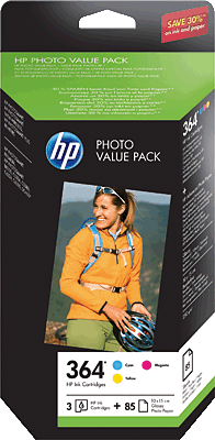 hp Tintenpatrone/CH082EE Inhalt 3 Tintenpatronen + 85 Blatt Fotopapier 3x 300 Blatt 3x 364 Deskjet 3070A, 3520 e-AIO, Officejet e-AIO 4620, 4622, Photosmart B010a, B109a, B109d, B1009f, B8550, C5324,