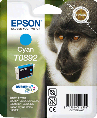 Epson Tintenpatrone T08924011 T0892 cyan 185 Blatt cyan Stylus S20, S21, SX218, SX100, SX105, SX110, SX115, SX200, SX205, SX210, SX215, SX400, SX405, SX400, SX405WiFi, SX410, SX415, Stylus Office BX