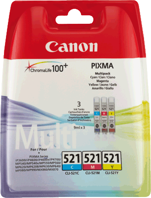 Canon Multipack CLI521CMY 2934B010 VE3 1x 535, 2x 470 Blatt je 1x cyan, magenta, gelb PIXMA iP3600, iP4600, iP4600x, iP4700, MP540, MP540x, MP550, MP560, MP620, MP620B, MP630, MP640, MP980, MP990